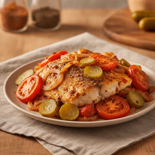 Abadejo al horno con pepinillos y queso gratinado, ya emplatado