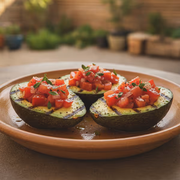 Aguacate a la parrilla con relleno de tomate, ya emplatado