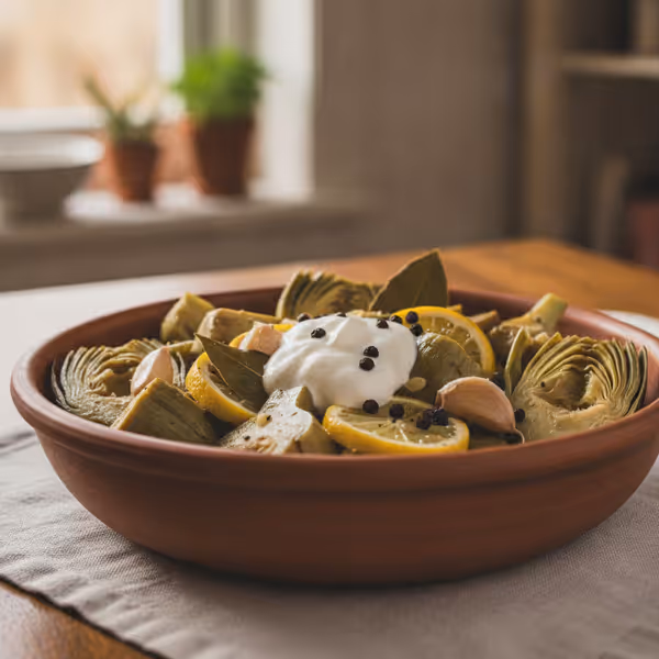 Alcachofas cocidas con salsa de yogur y mostaza, ya emplatado