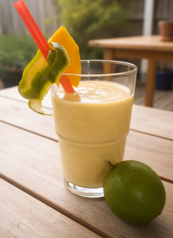 Batido de mango y coco con proteína, ya emplatado