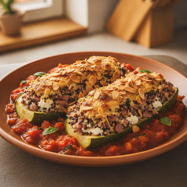 Calabacines gratinados con relleno de quinoa y salsa de tomate, ya emplatado