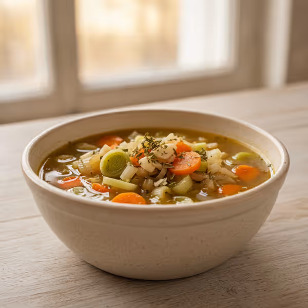 Caldo de verduras fresco hecho en casa, ya emplatado