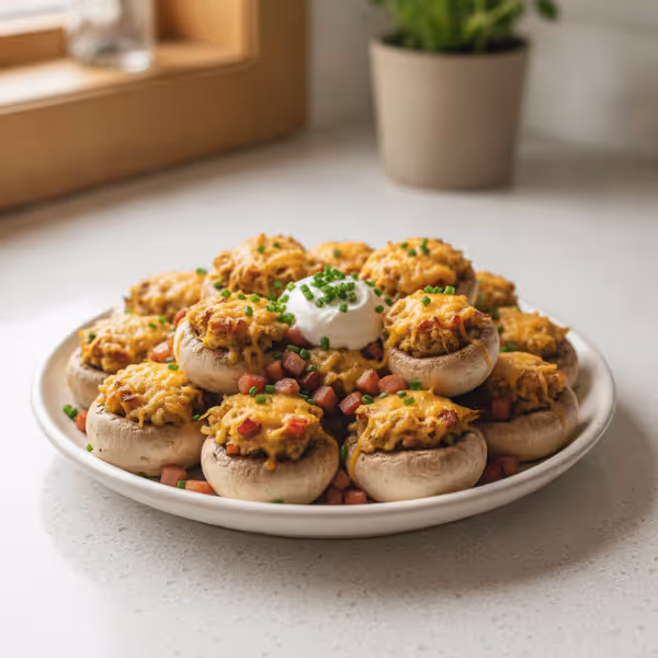 Champiñones rellenos de jamón y queso, ya emplatado