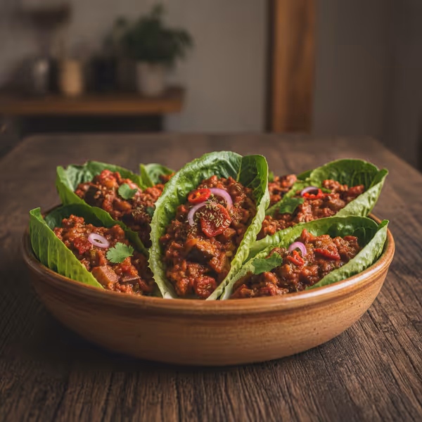 Chili sin carne vegano en barquitas de lechuga, ya emplatado