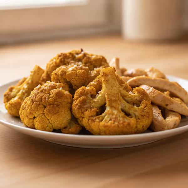 Coliflor crujiente al curry con pollo, ya emplatado