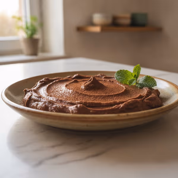Crema de chocolate low carb con quark y almendras, ya emplatado