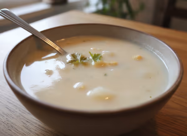 Crema de espárragos blancos con harina de garbanzo, ya emplatado