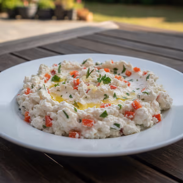 Crema de feta con pimiento rojo, ya emplatado