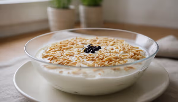 Crema de quark con frutos rojos y almendras, ya emplatado