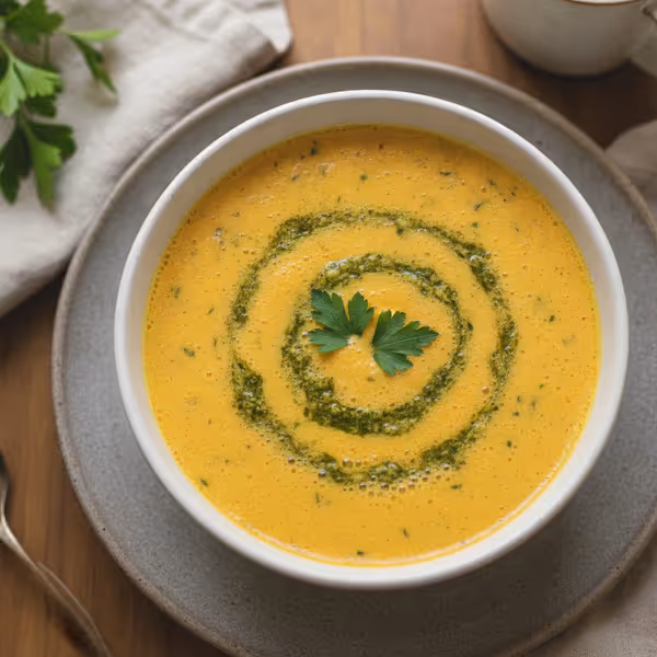 Crema de zanahoria con pesto de perejil, ya emplatado