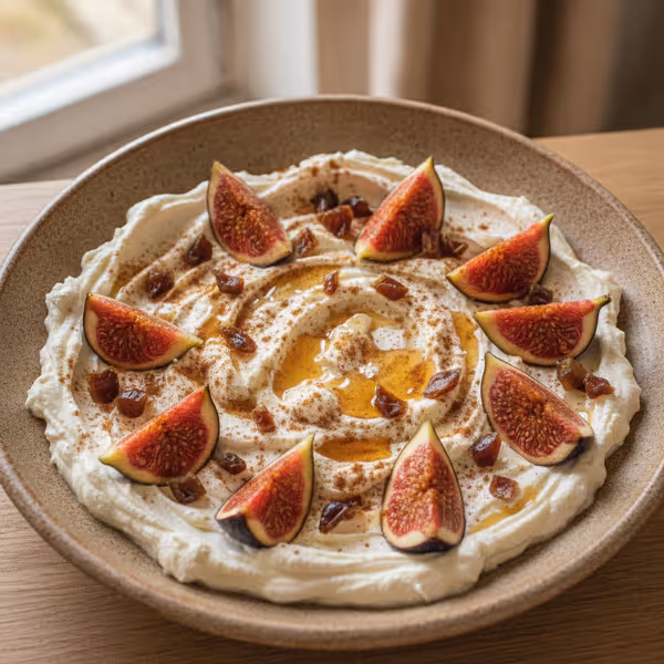 Crema de queso fresco con higos frescos, ya emplatado