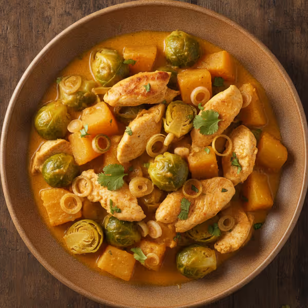 Curry de colinabo y coles de Bruselas con pechuga de pollo, ya emplatado