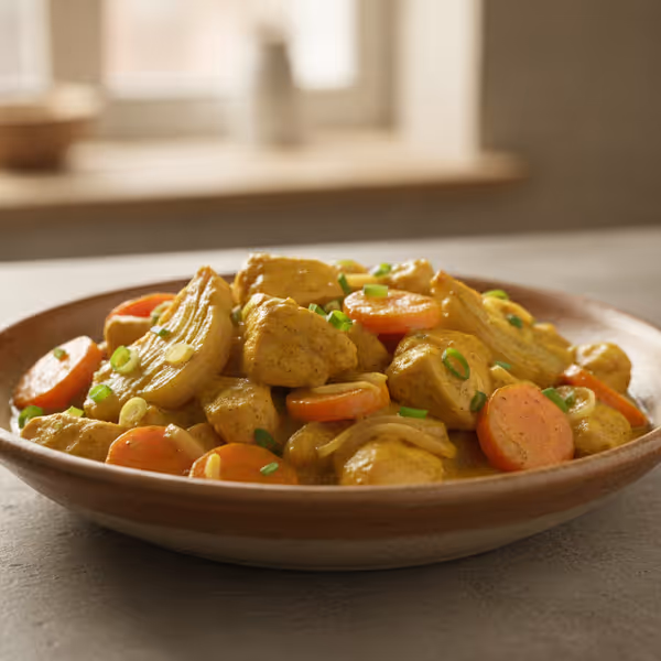 Curry de pollo con hinojo y zanahoria, ya emplatado