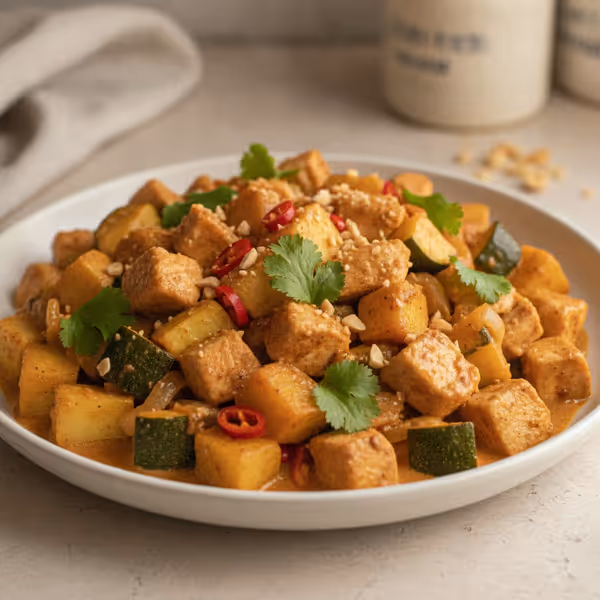 Curry de pollo y chirivía con plátano, ya emplatado