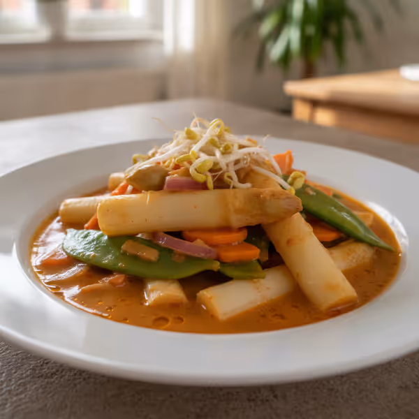 Curry rojo de espárragos con pollo y leche de coco, ya emplatado