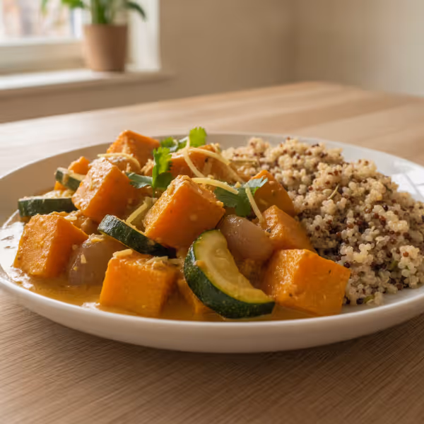 Curry vegano de calabaza con quinoa oriental, ya emplatado
