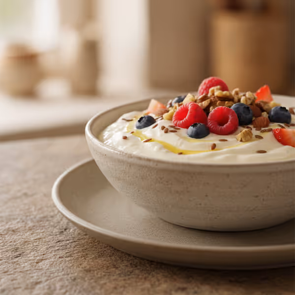Desayuno de yogur con queso quark, ya emplatado