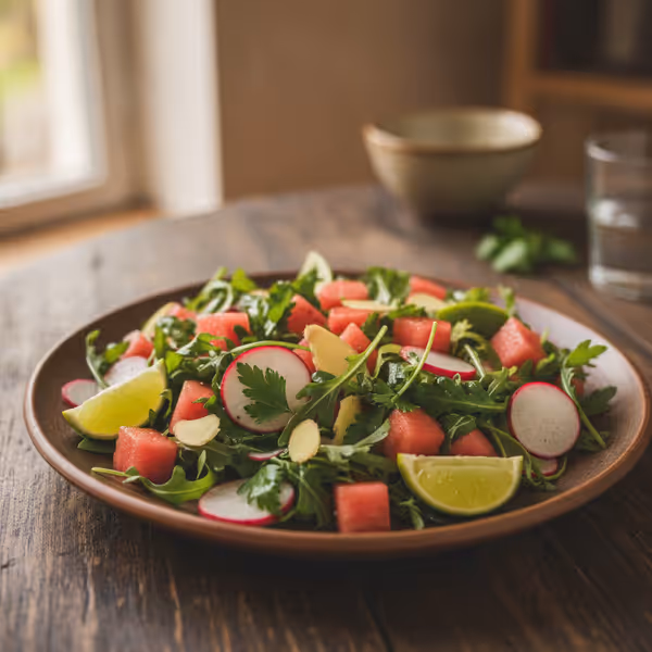 Ensalada asiática de verano con sandía, ya emplatado