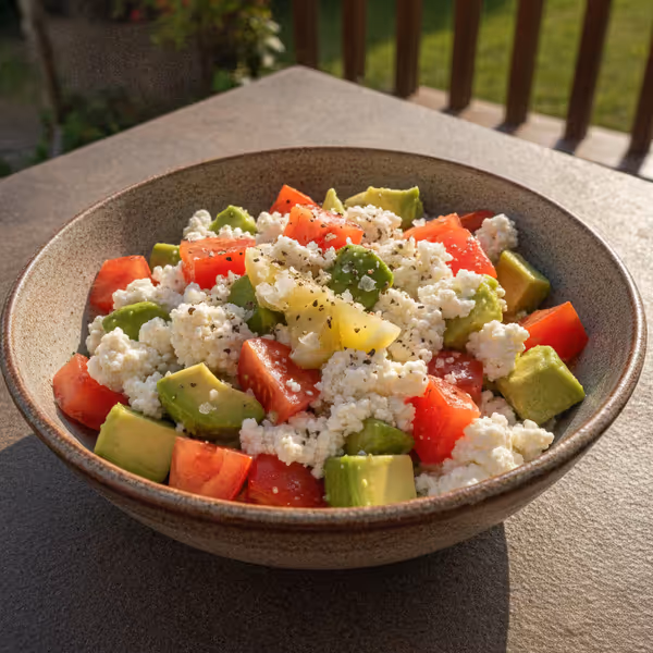 Ensalada de aguacate con queso cottage, ya emplatado