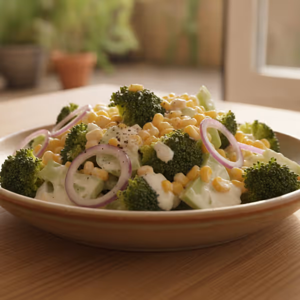 Ensalada de brócoli y maíz, ya emplatado