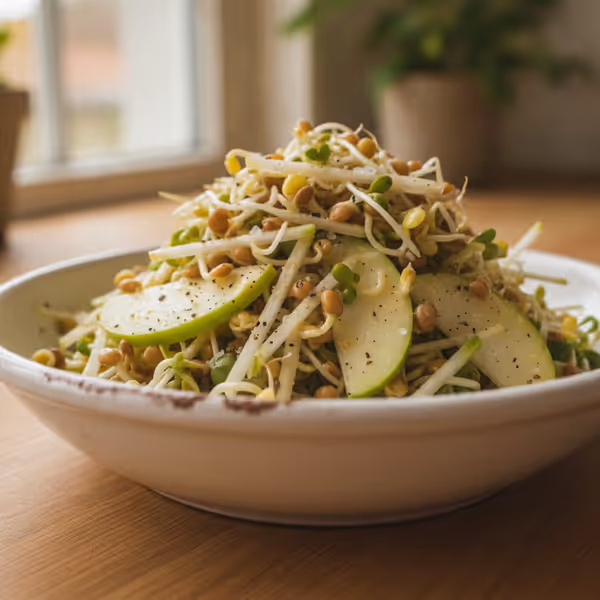 Ensalada de brotes con colirrábano y manzana, ya emplatado