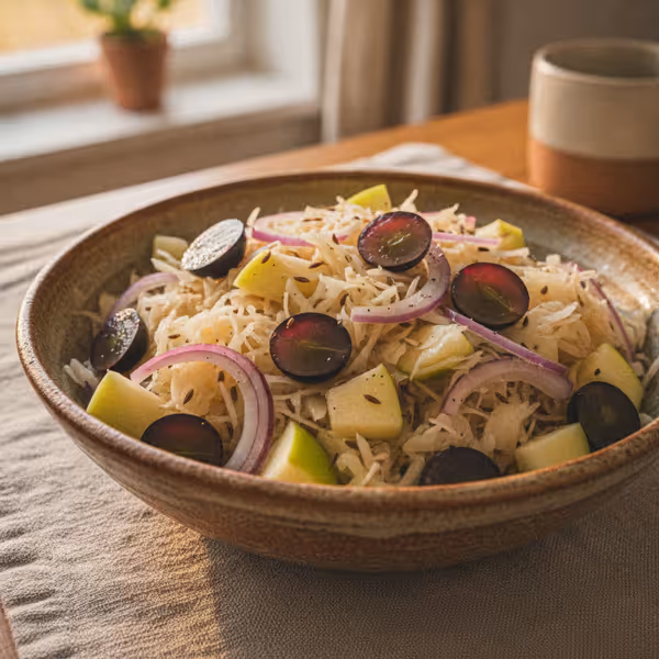 Ensalada de chucrut con manzana y uvas, ya emplatado