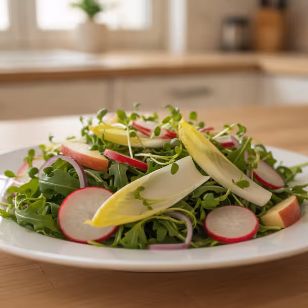 Ensalada de endibias, rábanos y manzana, ya emplatado
