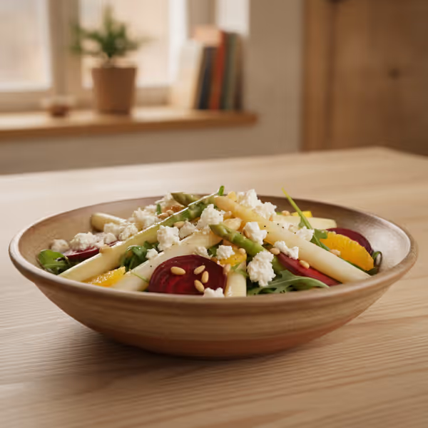 Ensalada de espárragos con queso feta y remolacha, ya emplatado