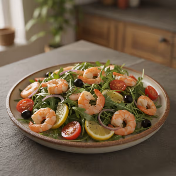 Ensalada de gambas y rúcula, ya emplatado