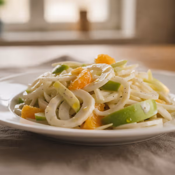 Ensalada de hinojo con manzana y naranja, ya emplatado