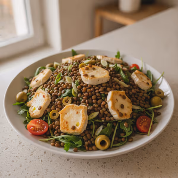 Ensalada de lentejas con queso de cabra sobre rúcula, ya emplatado