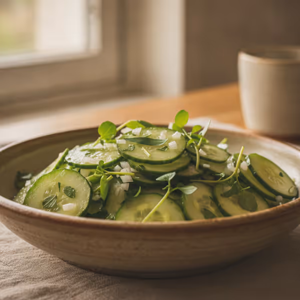 Ensalada de pepino con berros, ya emplatado