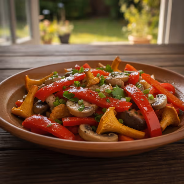 Ensalada de pimiento y champiñones, ya emplatado