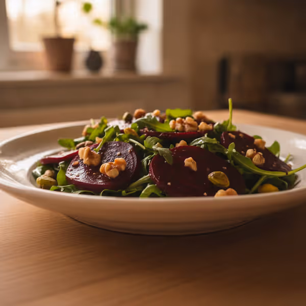 Ensalada de remolacha con rúcula, ya emplatado