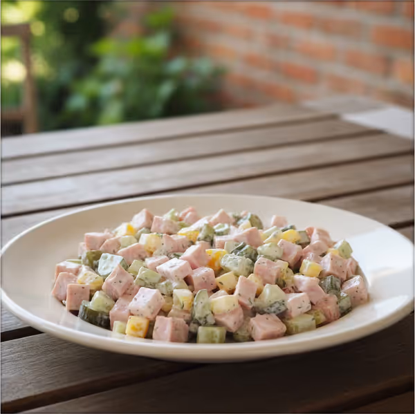 Ensalada de salchicha con pimientos y nata agria, ya emplatado