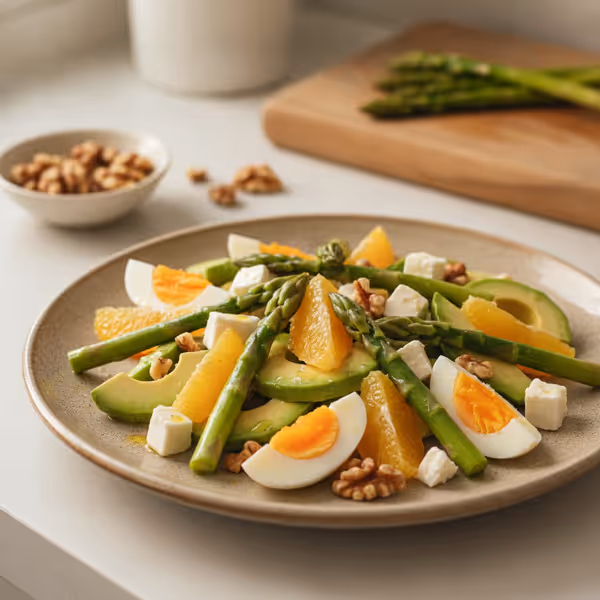 Ensalada de espárragos con huevo, aguacate, naranja y queso feta, ya emplatado