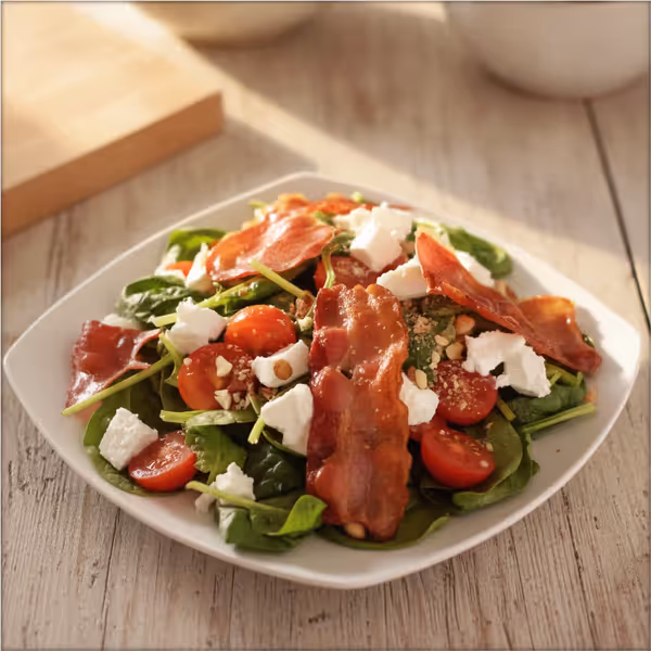 Ensalada de espinacas con queso de cabra, jamón serrano y avellanas, ya emplatado