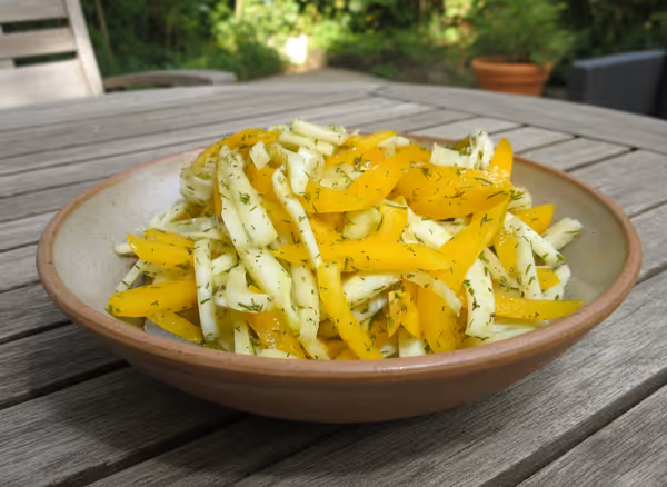 Ensalada de hinojo y pimiento, ya emplatado