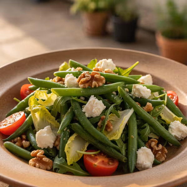 Ensalada de judías verdes con queso feta y nueces, ya emplatado