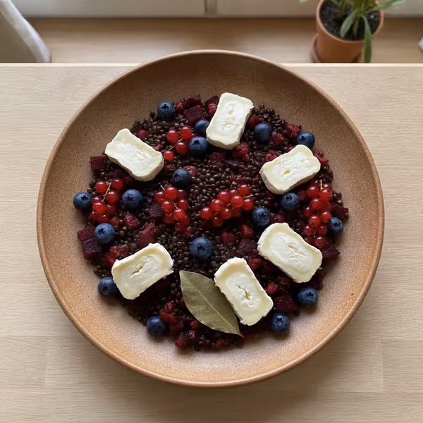 Ensalada de lentejas beluga y remolacha con frutos rojos y queso de cabra, ya emplatado