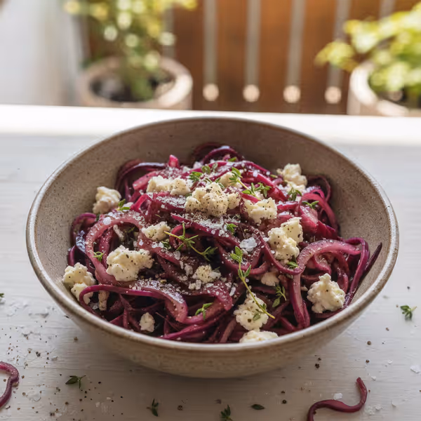 Ensalada de lombarda con queso feta, ya emplatado