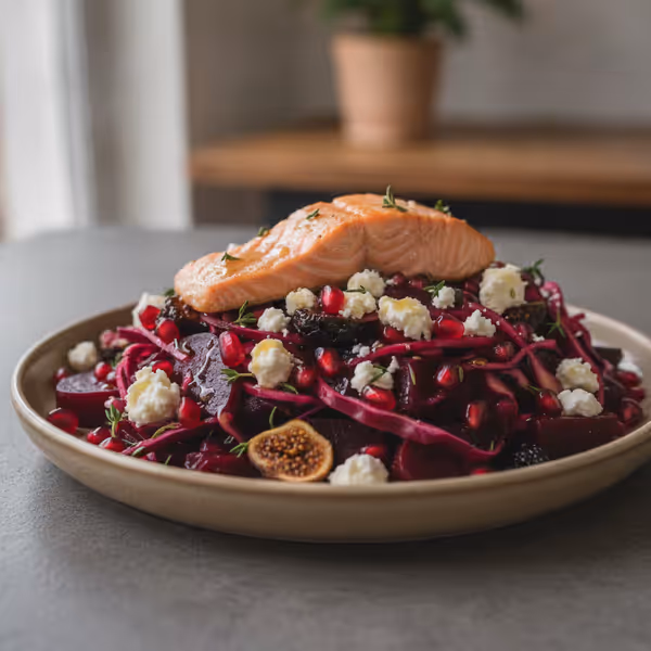 Ensalada de lombarda y remolacha con feta y salmón al horno, ya emplatado