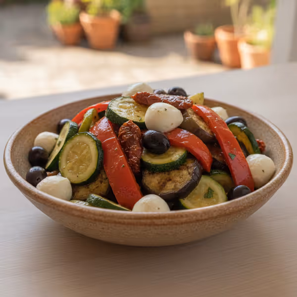 Ensalada mediterránea de verduras con mozzarella, ya emplatado