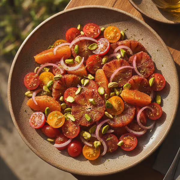 Ensalada de naranja, pistachos y tomate, ya emplatado