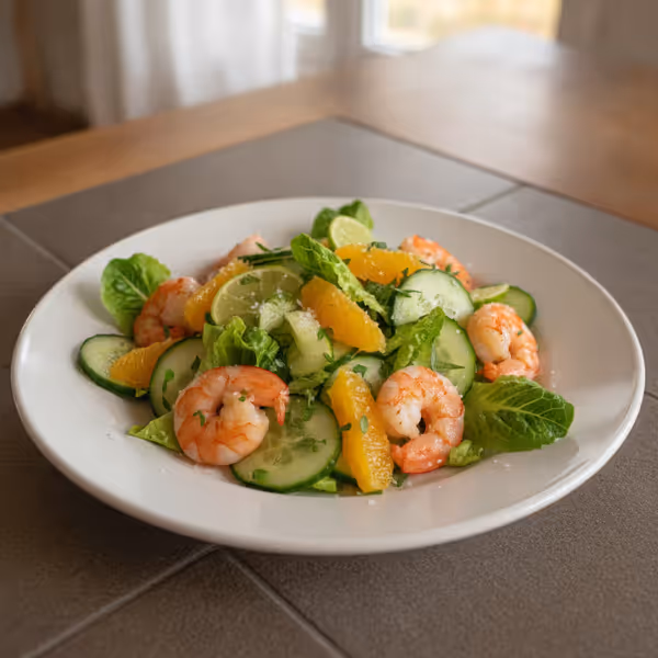 Ensalada de pepino y naranja con langostinos, ya emplatado