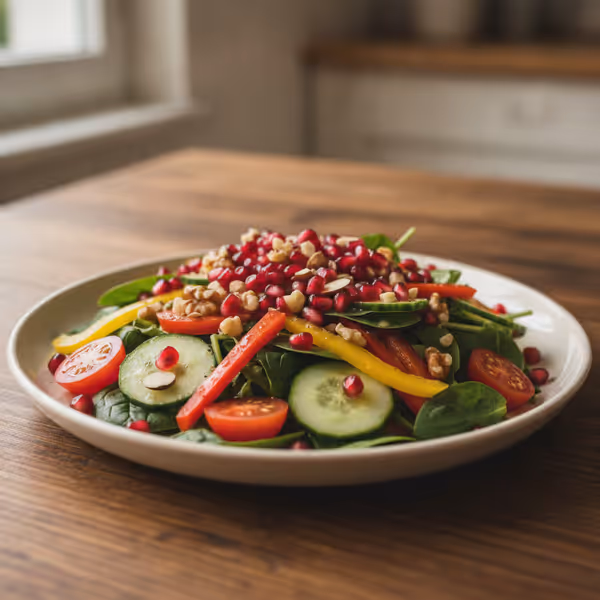 Ensalada de primavera con espinacas baby y granada, ya emplatado