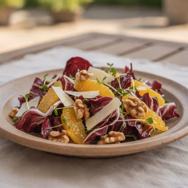 Ensalada de radicchio con naranja, nueces, pecorino y berros, ya emplatado