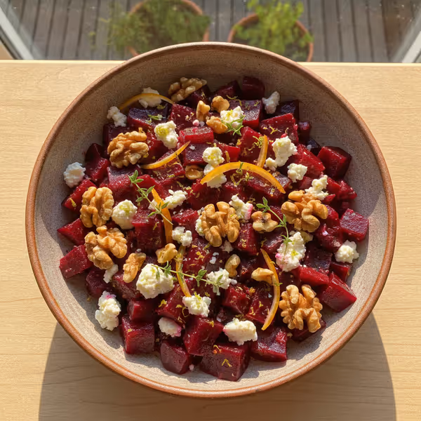 Ensalada de remolacha, nueces y queso feta, ya emplatado