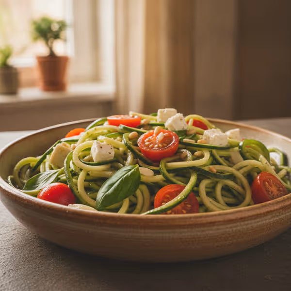 Ensalada veraniega de espaguetis de calabacín, ya emplatado