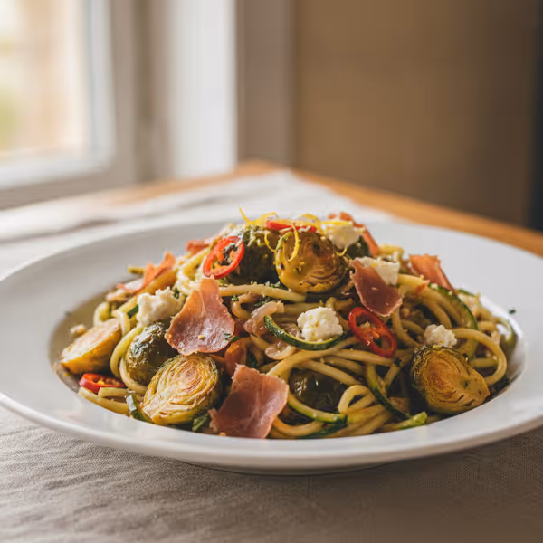 Espaguetis de calabacín con salsa de coles de Bruselas y jamón serrano, ya emplatado